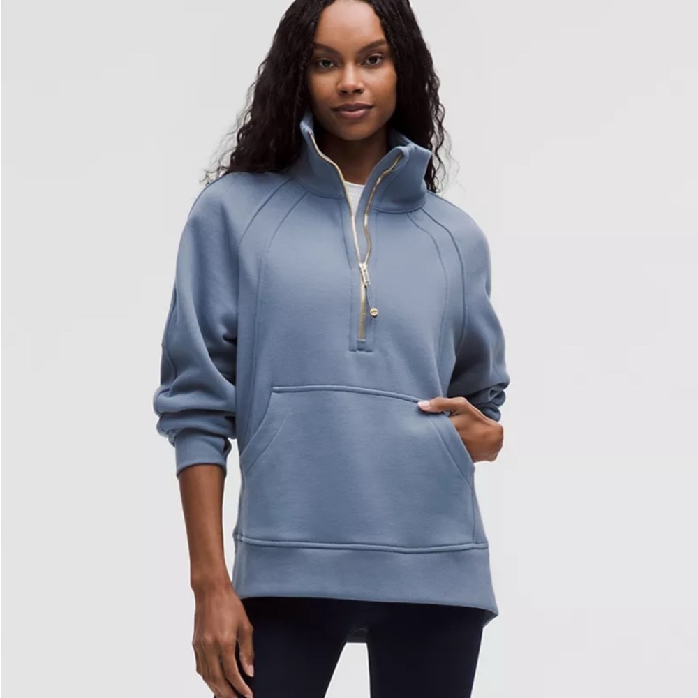 Lululemon Scuba Oversized Funnel Neck Half Zip, Washed Demim/Gold, Size M/L